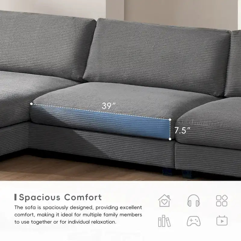 Divano componibile a L in velluto a coste grigio con chaise longue, portabicchieri e porte USB, 3-4 posti a sedere