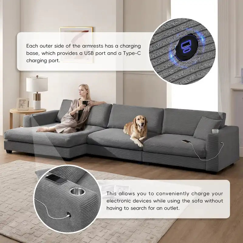 Divano componibile a L in velluto a coste grigio con chaise longue, portabicchieri e porte USB, 3-4 posti a sedere