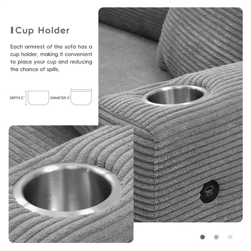 Divano componibile a L in velluto a coste grigio con chaise longue, portabicchieri e porte USB, 3-4 posti a sedere