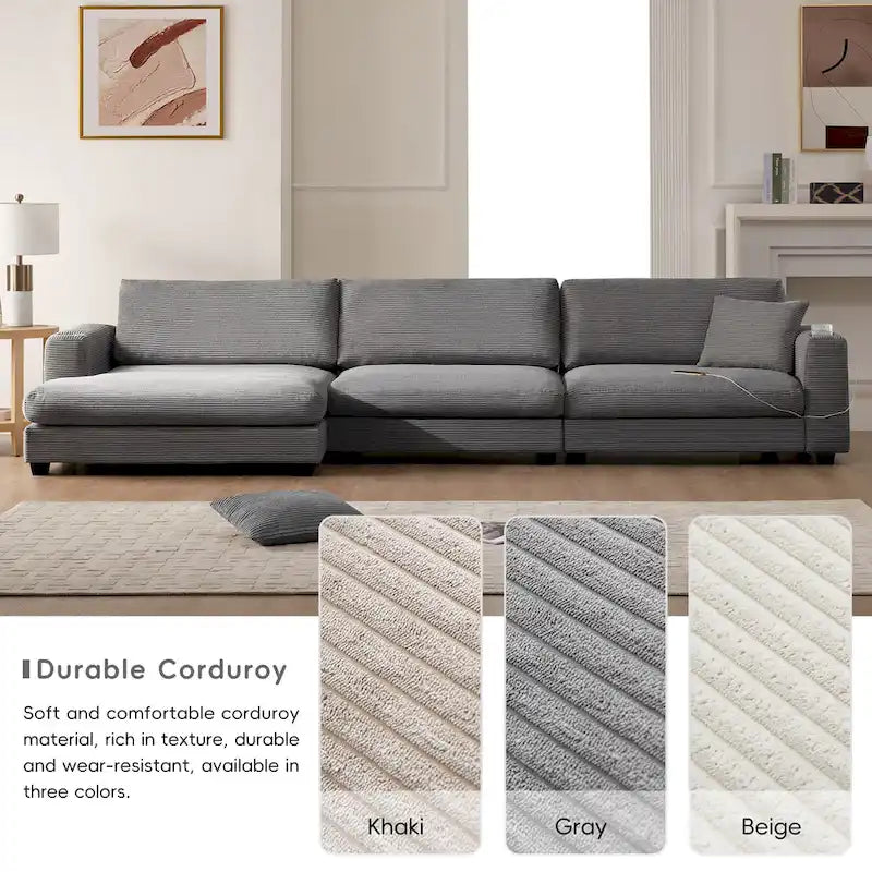 Divano componibile a L in velluto a coste grigio con chaise longue, portabicchieri e porte USB, 3-4 posti a sedere
