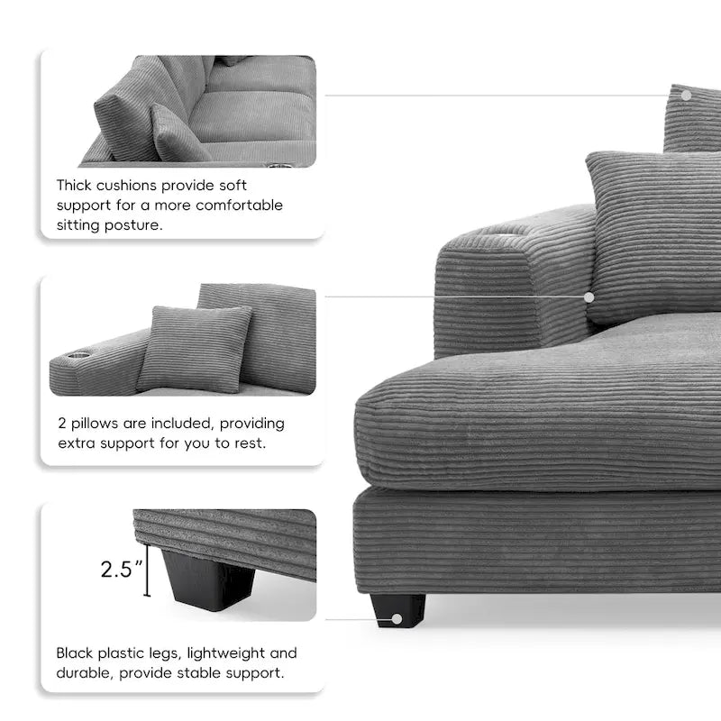 Divano componibile a L in velluto a coste grigio con chaise longue, portabicchieri e porte USB, 3-4 posti a sedere