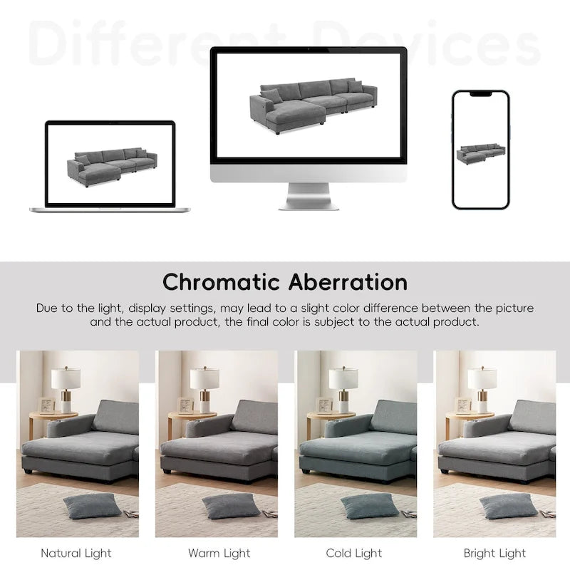 Divano componibile a L in velluto a coste grigio con chaise longue, portabicchieri e porte USB, 3-4 posti a sedere