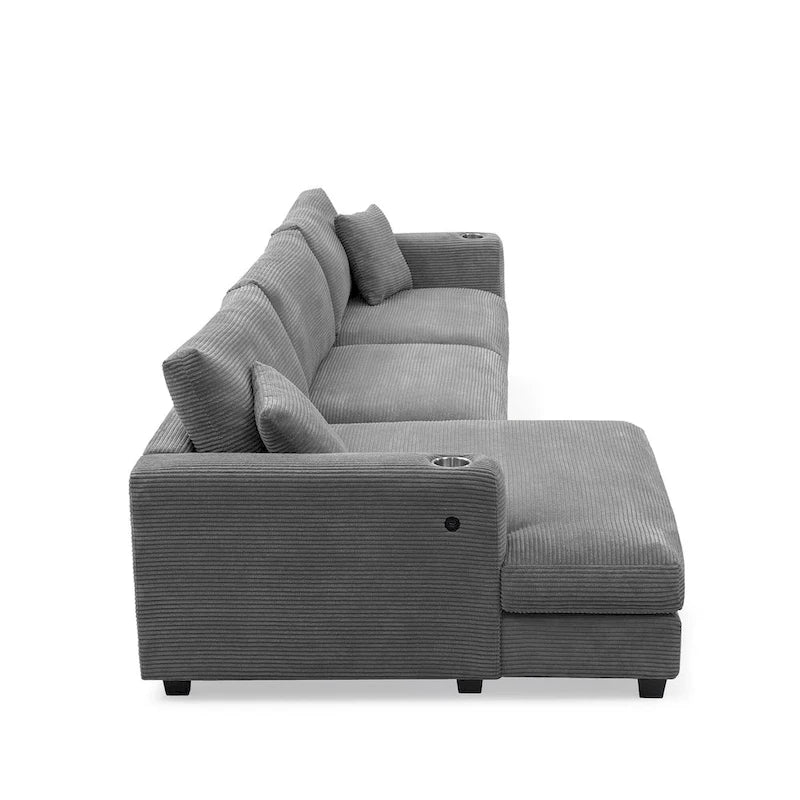 Divano componibile a L in velluto a coste grigio con chaise longue, portabicchieri e porte USB, 3-4 posti a sedere