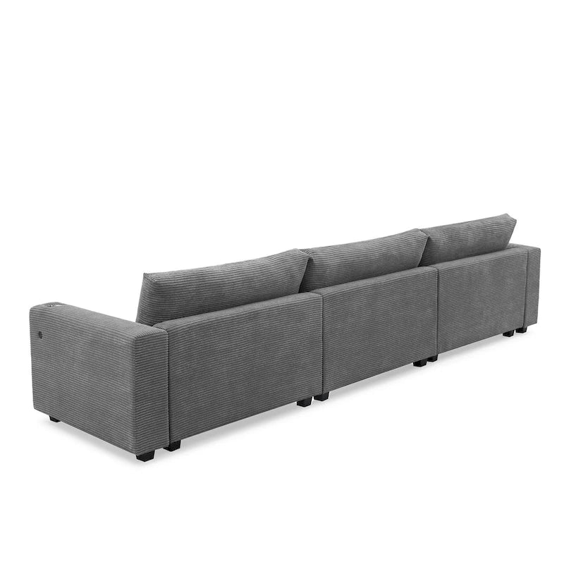 Divano componibile a L in velluto a coste grigio con chaise longue, portabicchieri e porte USB, 3-4 posti a sedere