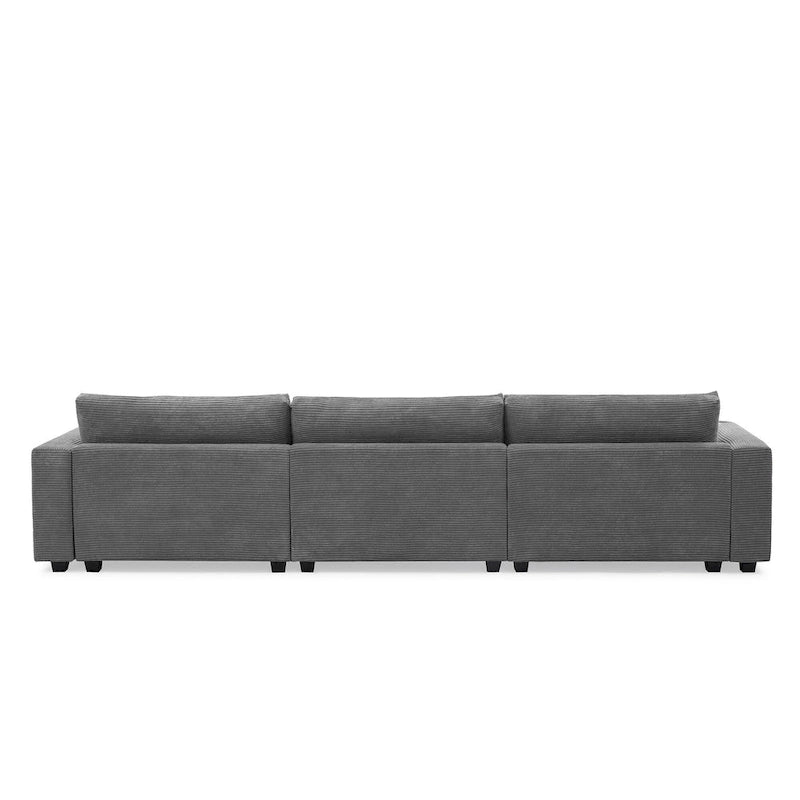 Divano componibile a L in velluto a coste grigio con chaise longue, portabicchieri e porte USB, 3-4 posti a sedere