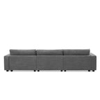 Divano componibile a L in velluto a coste grigio con chaise longue, portabicchieri e porte USB, 3-4 posti a sedere