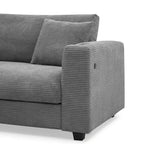Divano componibile a L in velluto a coste grigio con chaise longue, portabicchieri e porte USB, 3-4 posti a sedere
