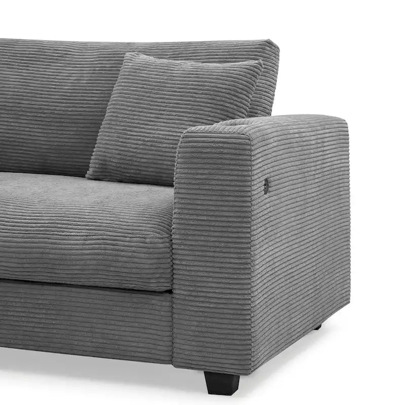 Divano componibile a L in velluto a coste grigio con chaise longue, portabicchieri e porte USB, 3-4 posti a sedere