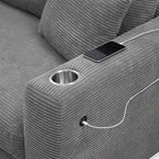 Divano componibile a L in velluto a coste grigio con chaise longue, portabicchieri e porte USB, 3-4 posti a sedere
