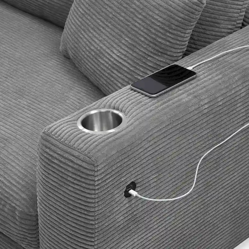 Divano componibile a L in velluto a coste grigio con chaise longue, portabicchieri e porte USB, 3-4 posti a sedere