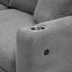 Divano componibile a L in velluto a coste grigio con chaise longue, portabicchieri e porte USB, 3-4 posti a sedere
