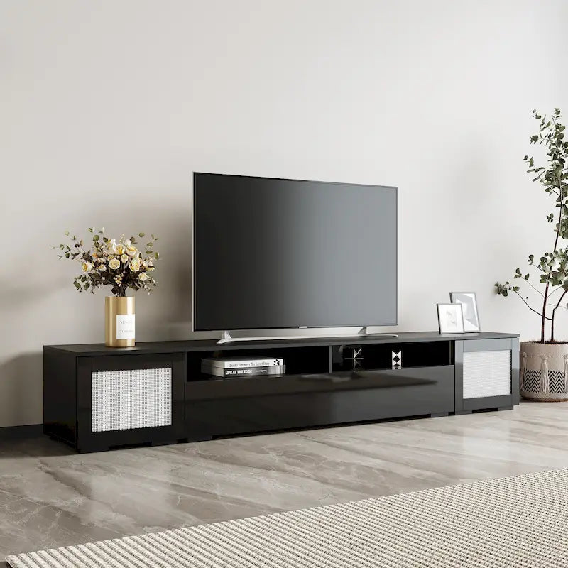 Mobile TV in Rattan Sintetico Nero con LED 16 Colori, Adatto per TV Fino a 90", Montaggio per 2 Persone