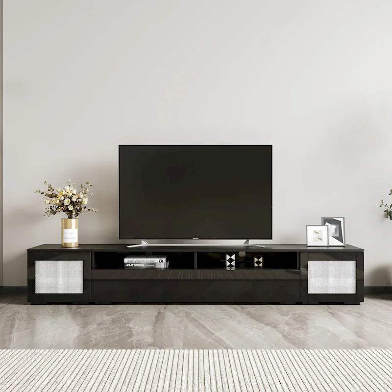 Mobile TV in Rattan Sintetico Nero con LED 16 Colori, Adatto per TV Fino a 90", Montaggio per 2 Persone