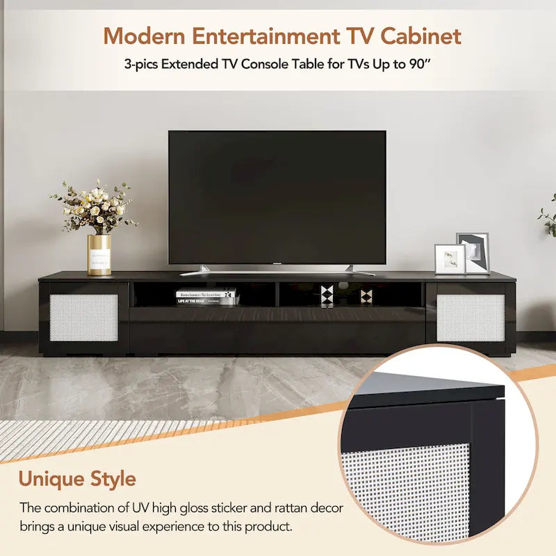 Mobile TV in Rattan Sintetico Nero con LED 16 Colori, Adatto per TV Fino a 90", Montaggio per 2 Persone