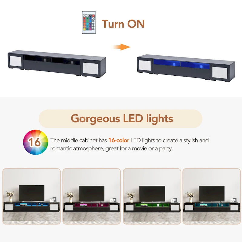 Mobile TV in Rattan Sintetico Nero con LED 16 Colori, Adatto per TV Fino a 90", Montaggio per 2 Persone