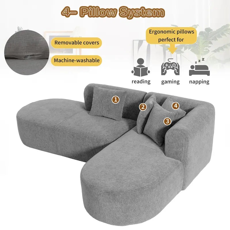 Divano angolare curvo a 4 posti in ciniglia beige/grigio