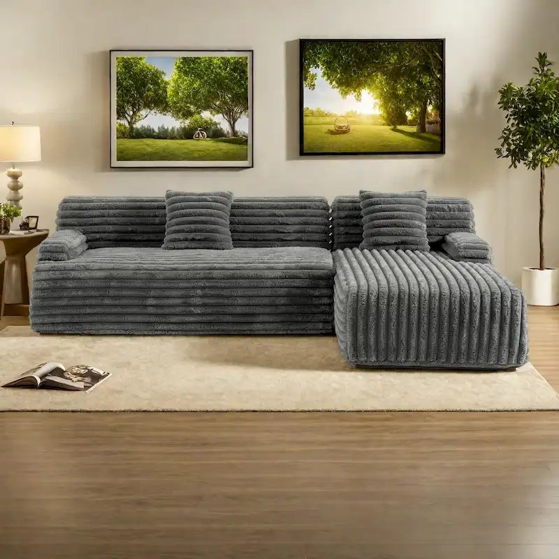 Divano Sezionale a L in Ecopelliccia Beige / Caffè Chiaro / Grigio Scuro / Nero, 3 Posti