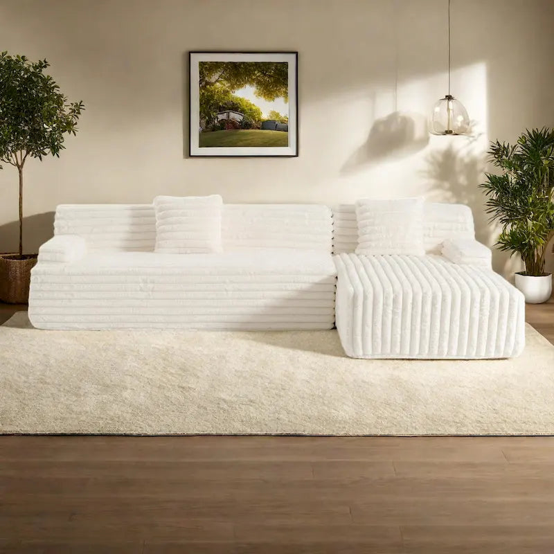 110  Faux Fur Cloud 3-Seater sat L-Shaped Sectional Sofa with Two Included Throw Pillows