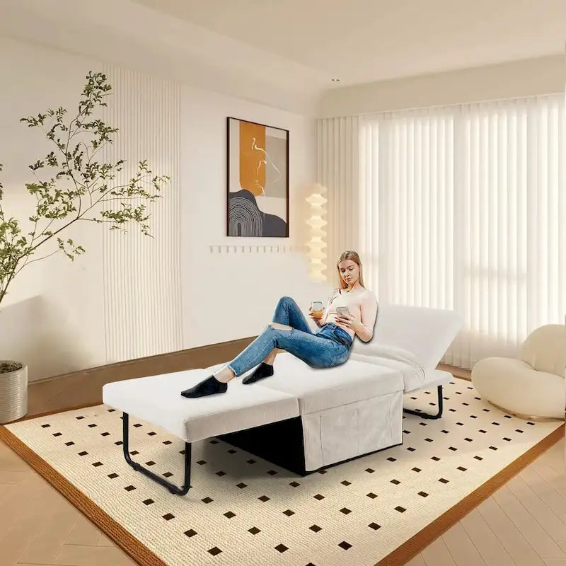 Pouf convertibile 4 in 1 in velluto a coste bianco, singolo