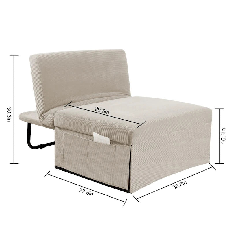 Pouf convertibile 4 in 1 in velluto a coste bianco, singolo
