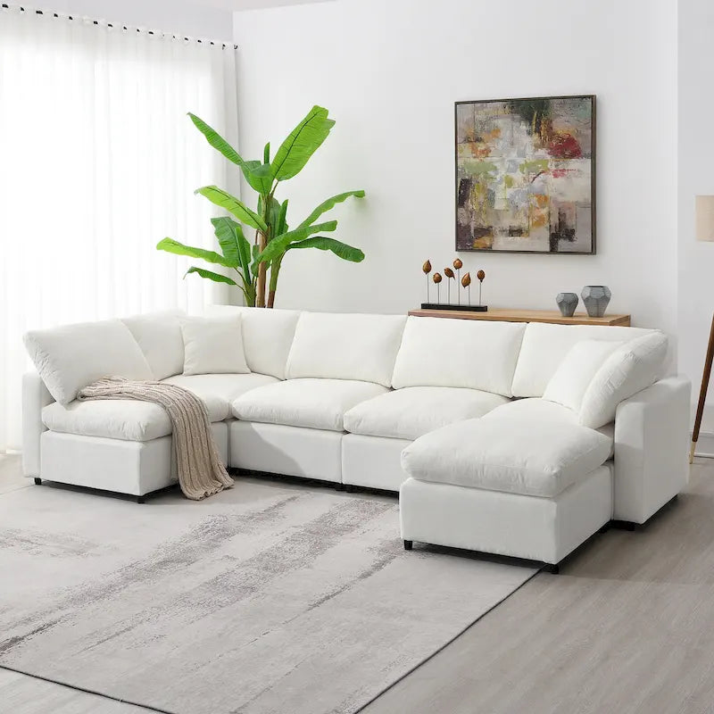Beige 130  Chenille U-Shaped Sleeper Sectional Sofa, 6-Piece Modular Design