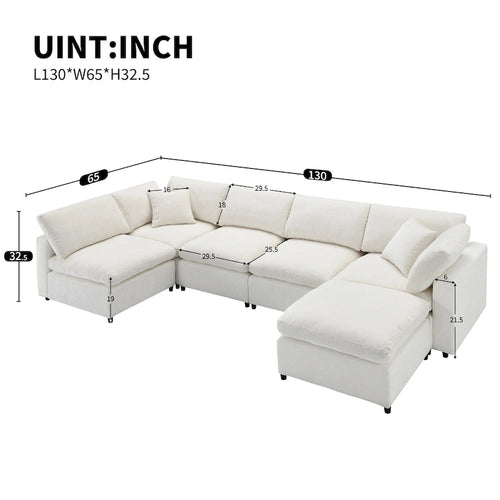 Divano componibile a U a 6 posti in ciniglia beige