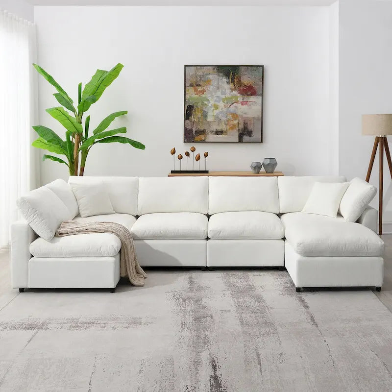 Divano componibile a U a 6 posti in ciniglia beige