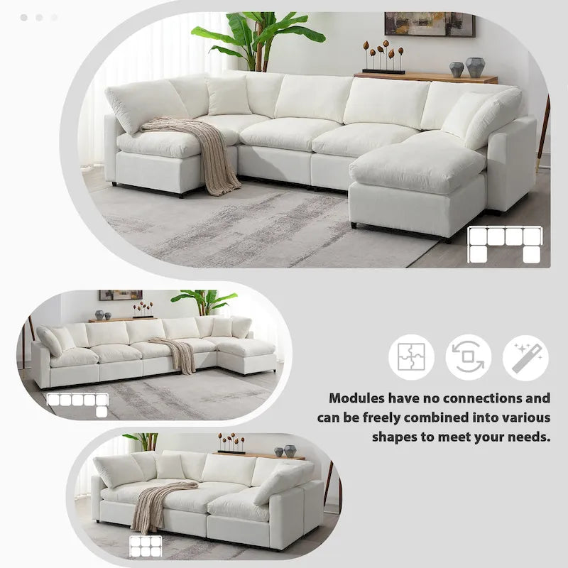 Divano componibile a U a 6 posti in ciniglia beige
