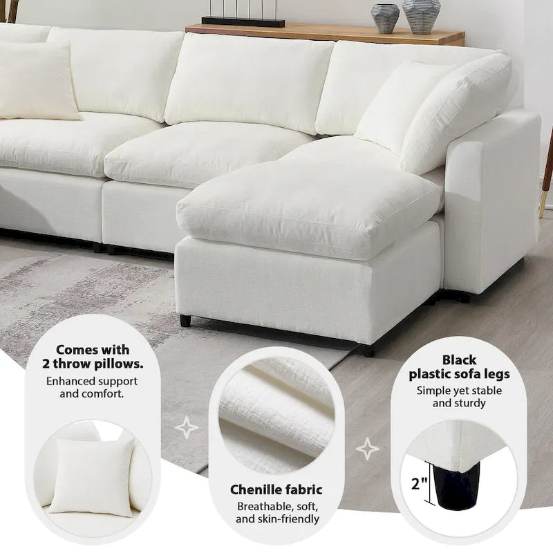Divano componibile a U a 6 posti in ciniglia beige