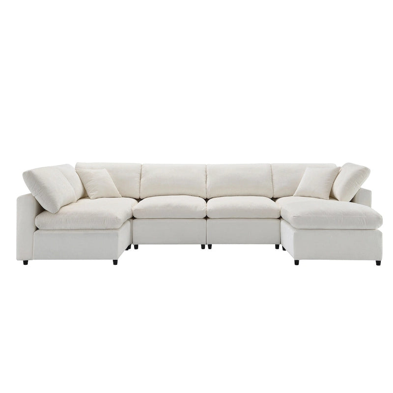 Divano componibile a U a 6 posti in ciniglia beige