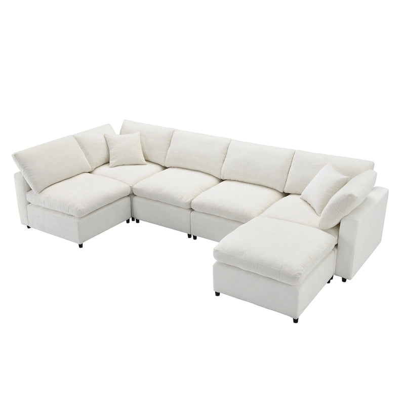 Divano componibile a U a 6 posti in ciniglia beige