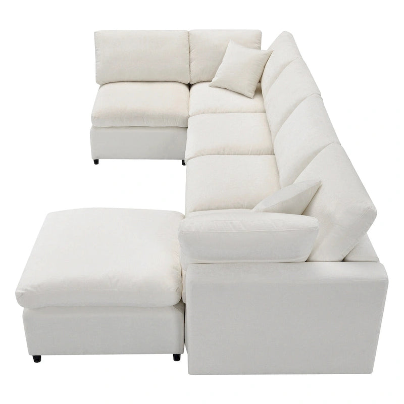 Divano componibile a U a 6 posti in ciniglia beige