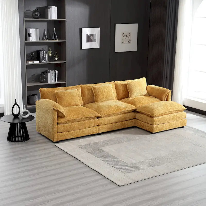 Yellow 112.2  L-Shaped 4-Seat Sectional Sofa in Modern Boucle Fabric with Removable Cushions and Detachable Armrests