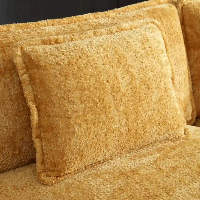 Divano Sezionale a L a 4 Posti Giallo, ciniglia, Cuscini e Braccioli Rimovibili