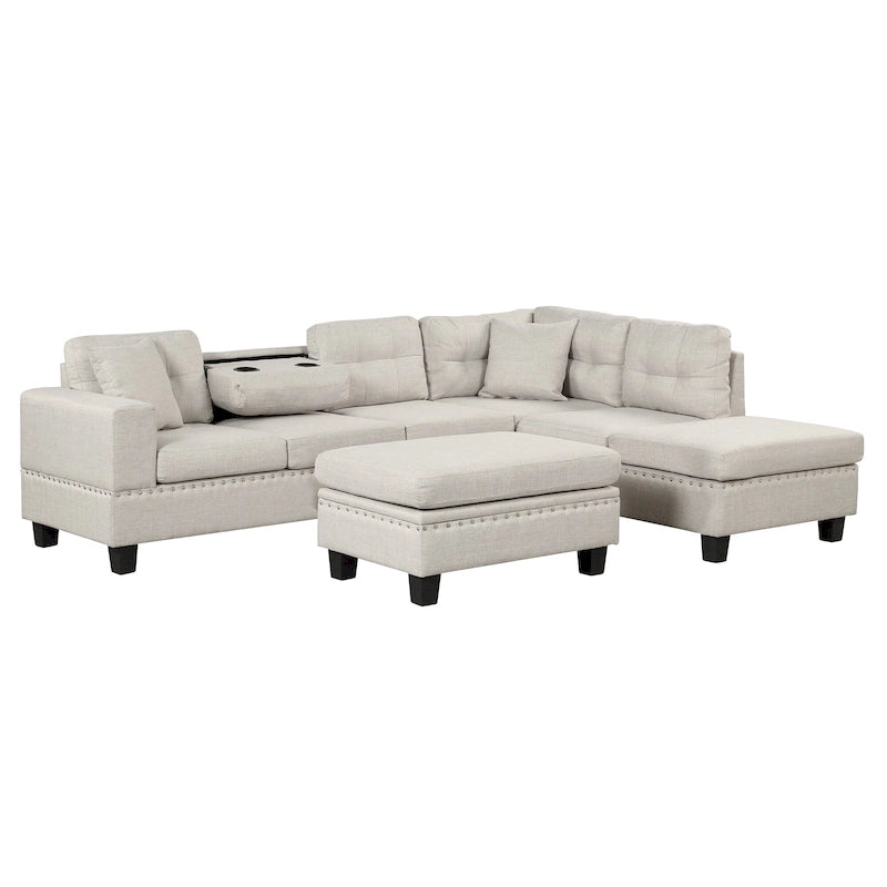 Divano Sezionale a L a 7 Posti Grigio Chiaro con Chaise Reversibile e Pouf Contenitore