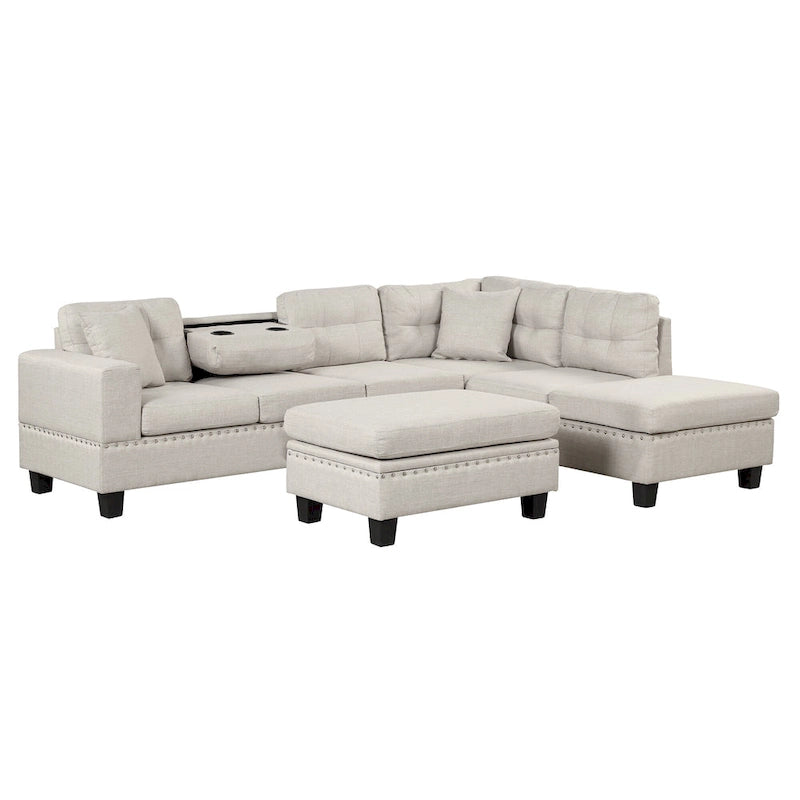 Grey 105  L-Shaped 7-Seat Modern Sectional Sofa with 2 Cushions, Reversible Chaise, Storage Ottoman, and Cup Holders