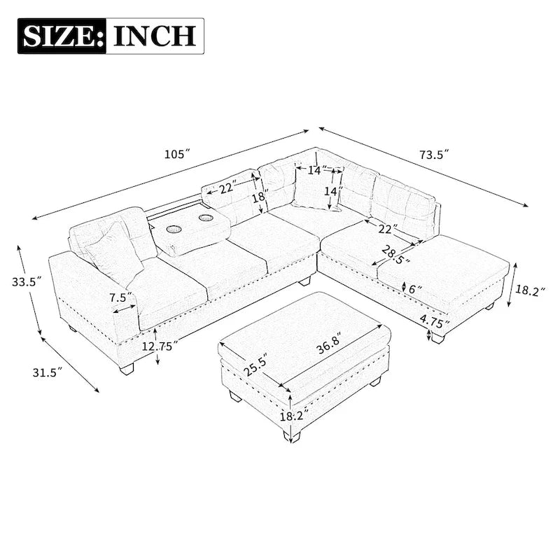 Divano Sezionale a L a 7 Posti Grigio Chiaro con Chaise Reversibile e Pouf Contenitore