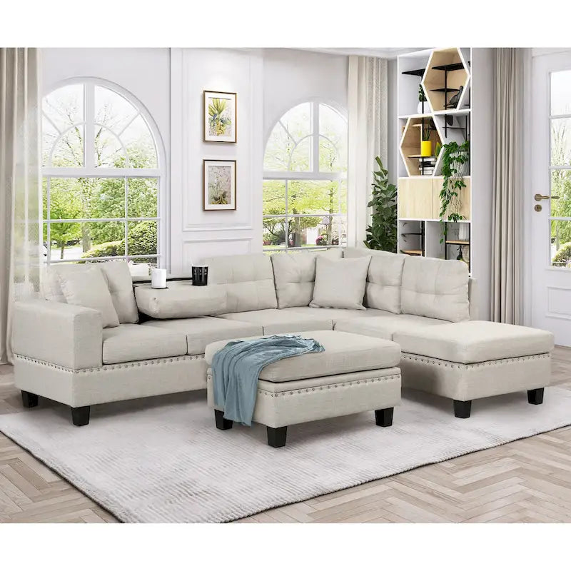 Divano Sezionale a L a 7 Posti Grigio Chiaro con Chaise Reversibile e Pouf Contenitore