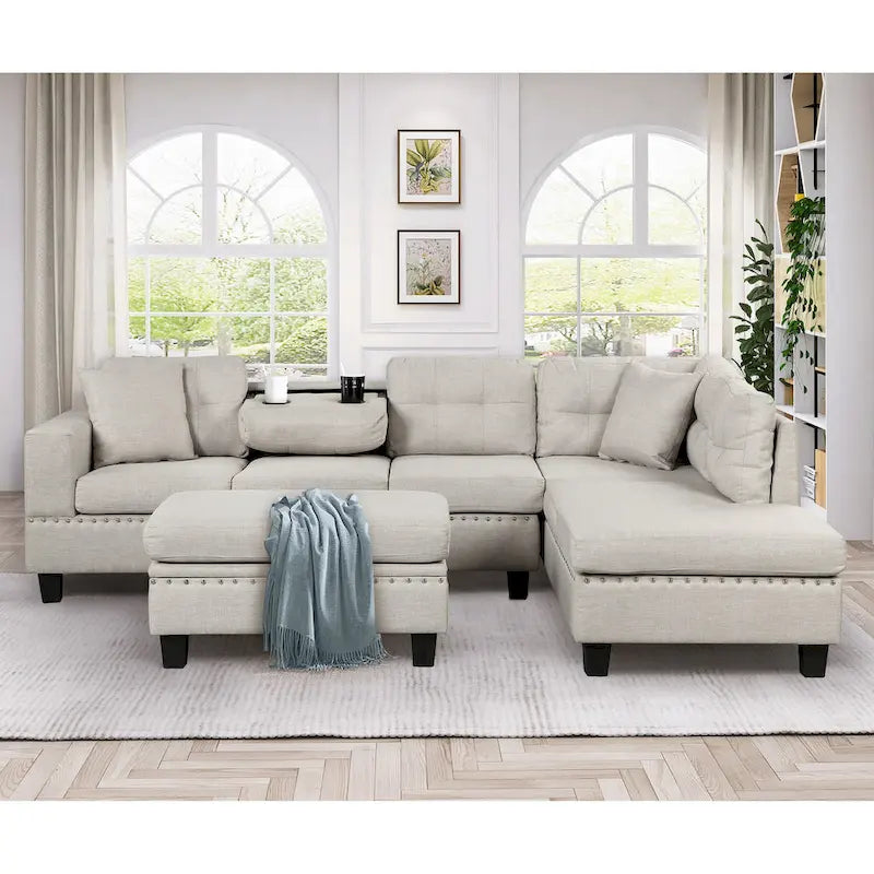 Divano Sezionale a L a 7 Posti Grigio Chiaro con Chaise Reversibile e Pouf Contenitore