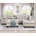 Divano Sezionale a L a 7 Posti Grigio Chiaro con Chaise Reversibile e Pouf Contenitore
