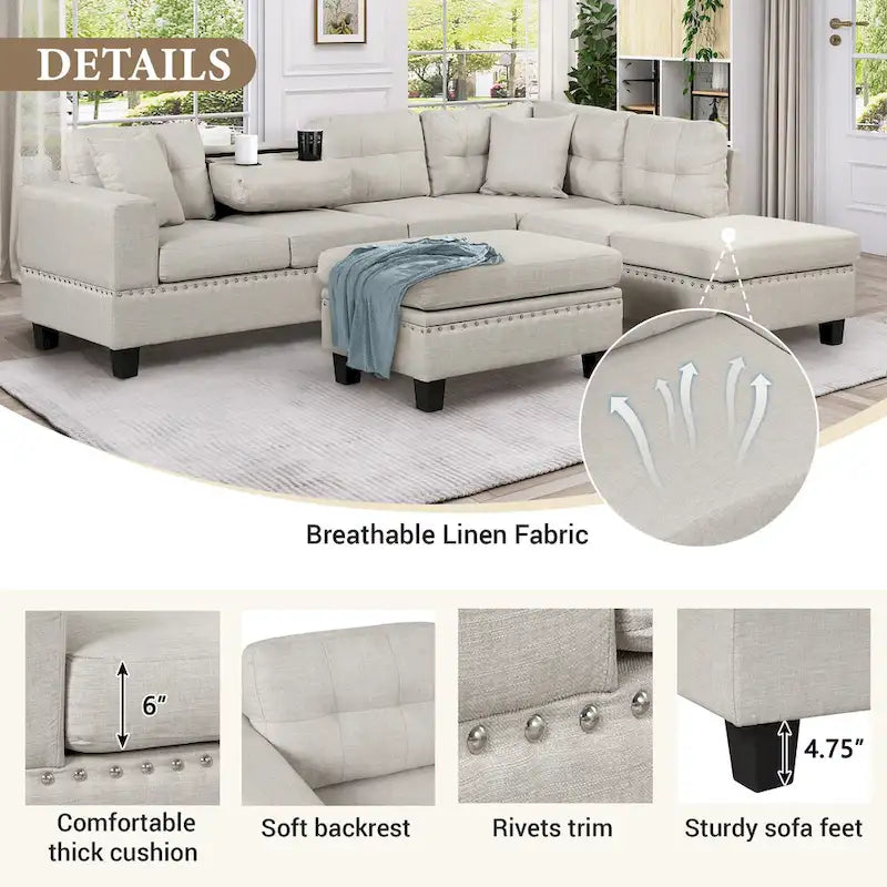 Divano Sezionale a L a 7 Posti Grigio Chiaro con Chaise Reversibile e Pouf Contenitore