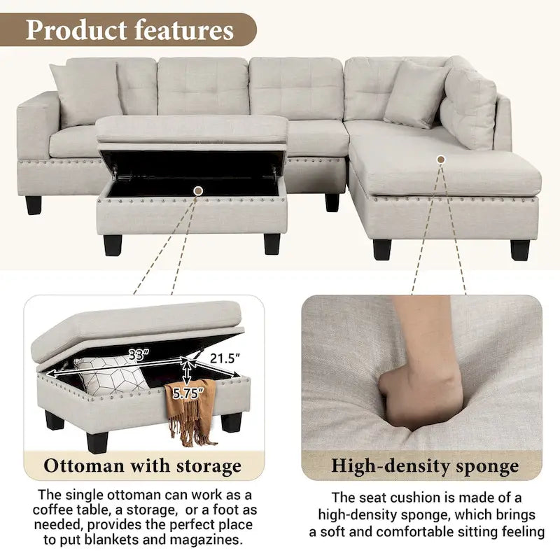 Divano Sezionale a L a 7 Posti Grigio Chiaro con Chaise Reversibile e Pouf Contenitore