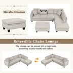 Divano Sezionale a L a 7 Posti Grigio Chiaro con Chaise Reversibile e Pouf Contenitore