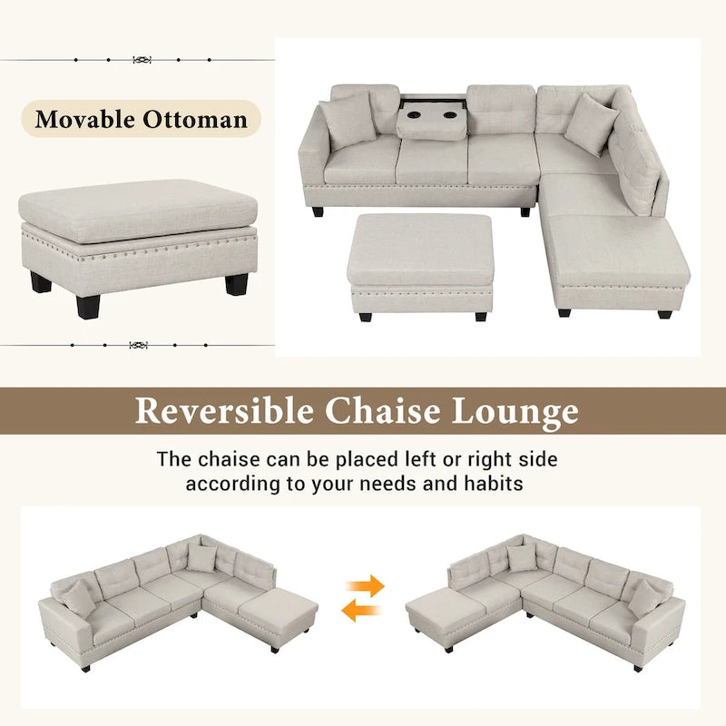 Divano Sezionale a L a 7 Posti Grigio Chiaro con Chaise Reversibile e Pouf Contenitore