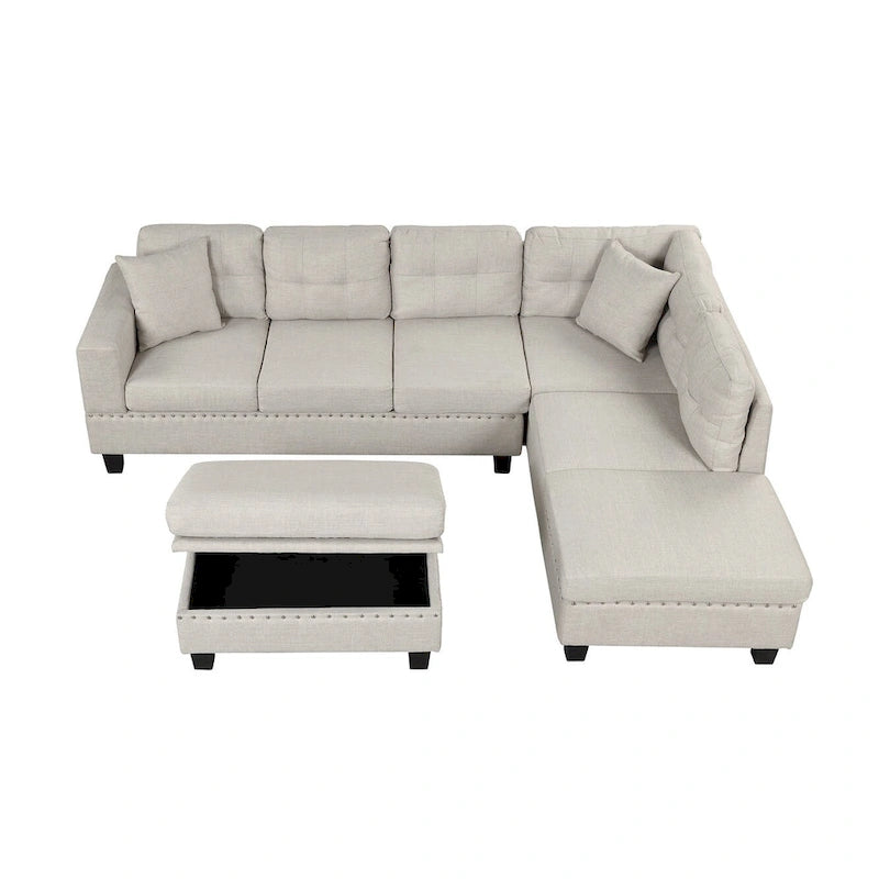 Divano Sezionale a L a 7 Posti Grigio Chiaro con Chaise Reversibile e Pouf Contenitore