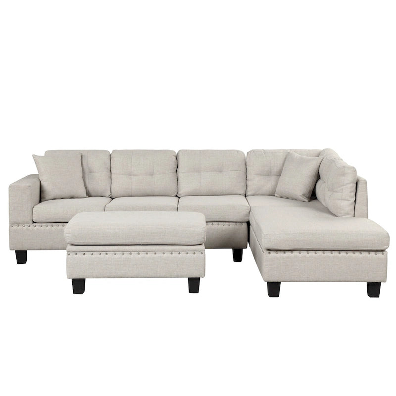 Divano Sezionale a L a 7 Posti Grigio Chiaro con Chaise Reversibile e Pouf Contenitore