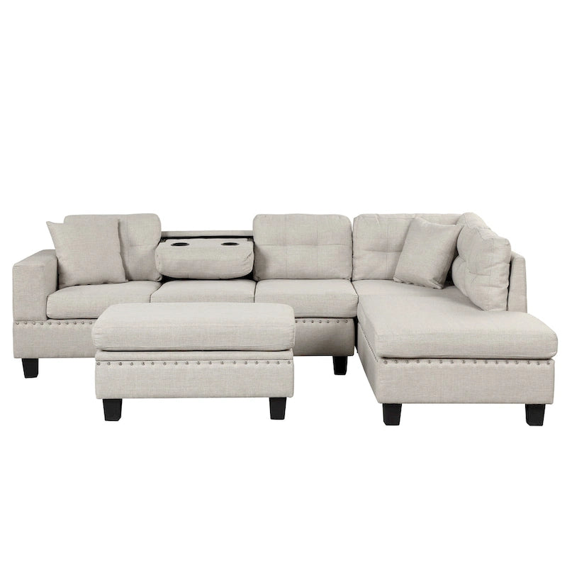 Divano Sezionale a L a 7 Posti Grigio Chiaro con Chaise Reversibile e Pouf Contenitore