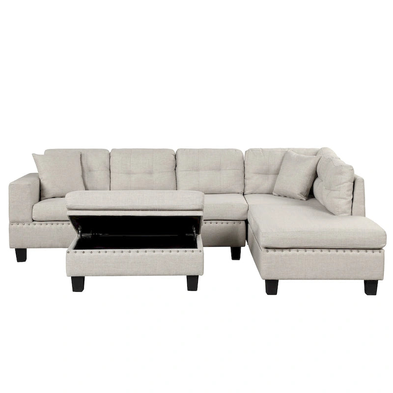 Divano Sezionale a L a 7 Posti Grigio Chiaro con Chaise Reversibile e Pouf Contenitore