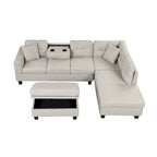 Divano Sezionale a L a 7 Posti Grigio Chiaro con Chaise Reversibile e Pouf Contenitore