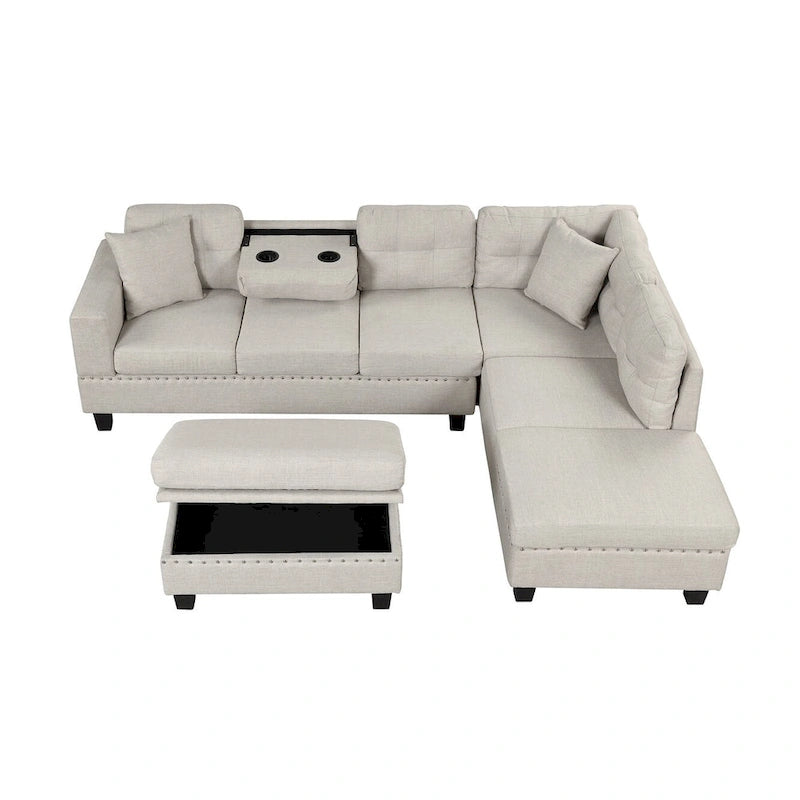 Divano Sezionale a L a 7 Posti Grigio Chiaro con Chaise Reversibile e Pouf Contenitore